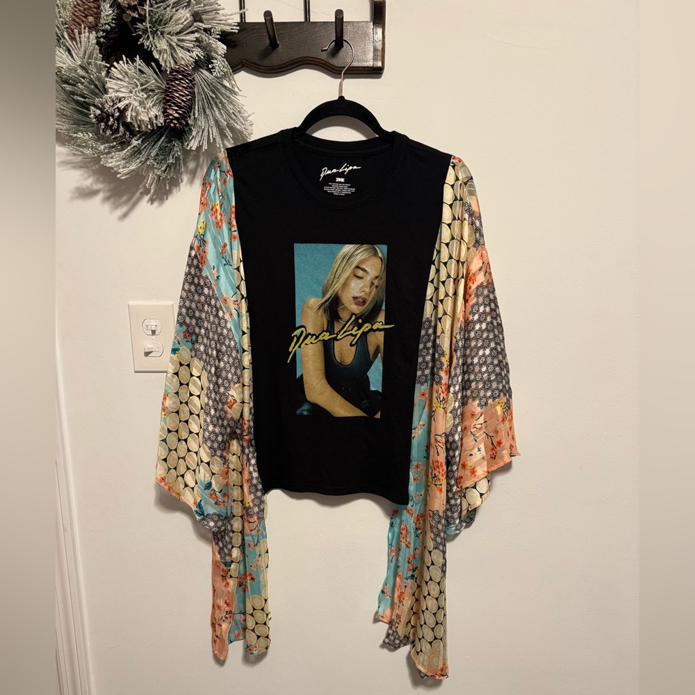 Dua Lipa Graphic Tee with Colorful Kimono Sleeves Handmade